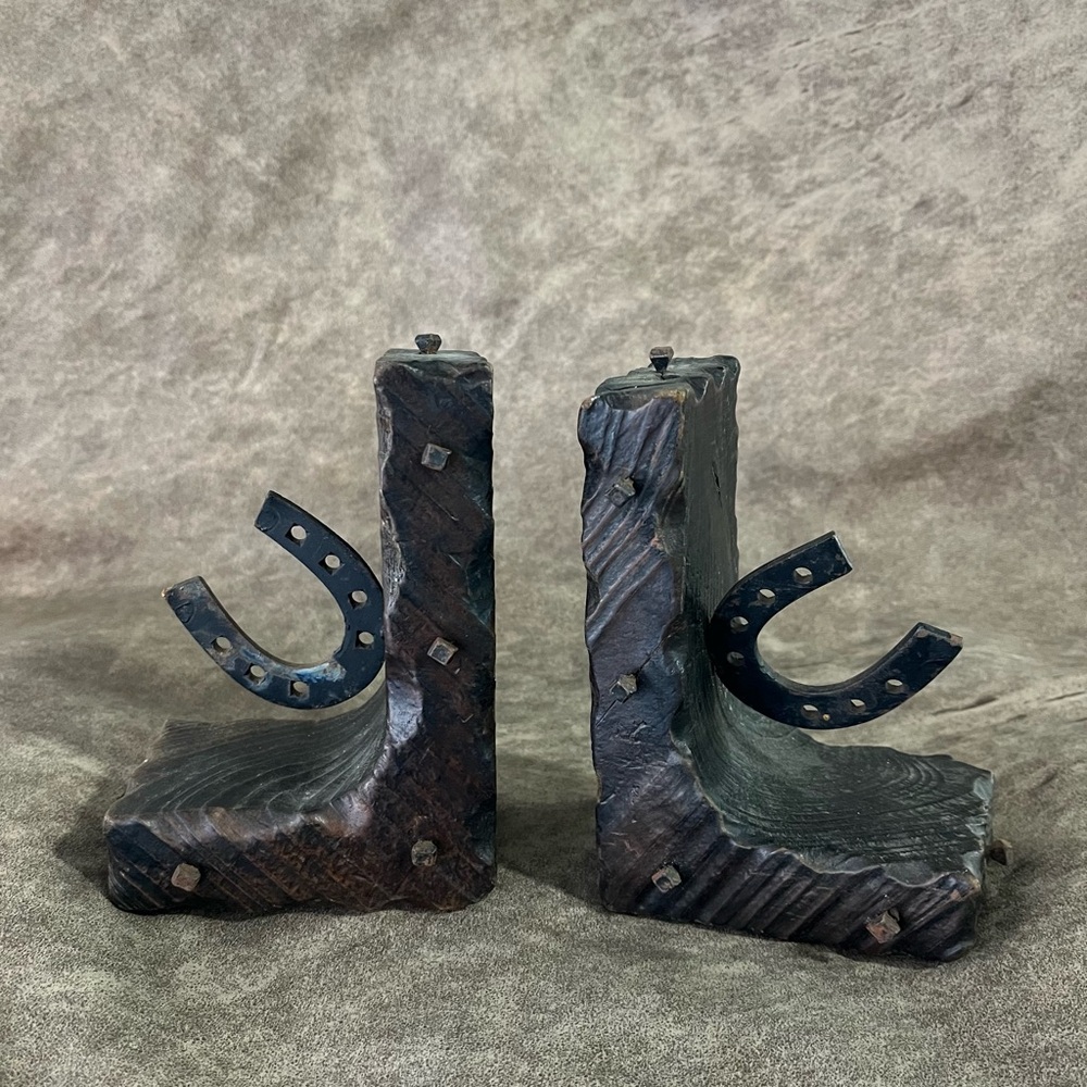 Vintage Horseshoe Bookends Western Cowboy Carved Wood Metal